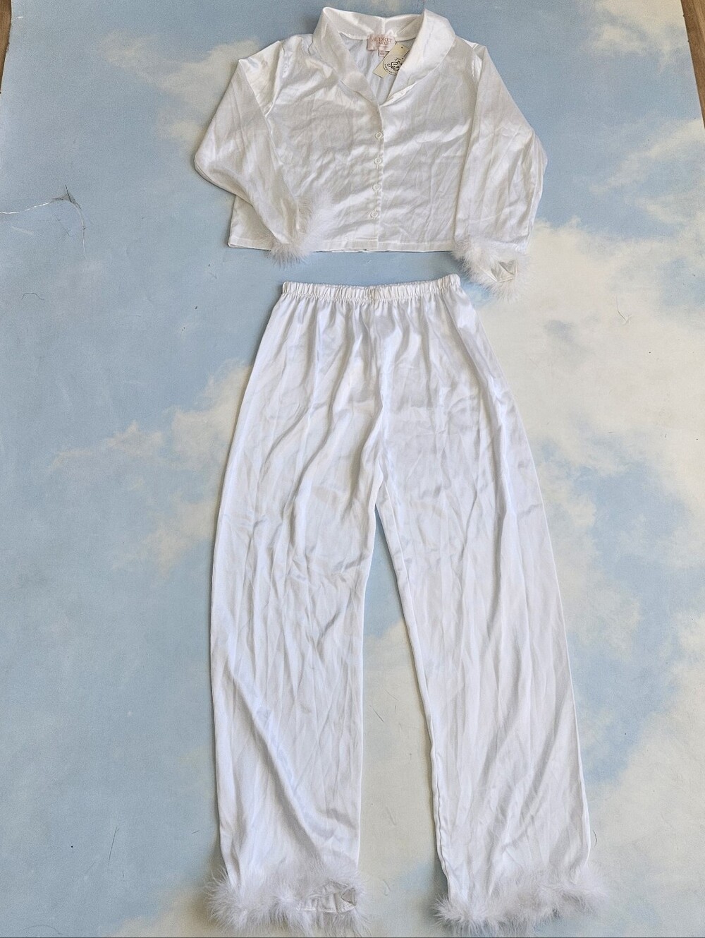 White Feather Trim Two-Piece Set Silk Pajama Set Marabou Pajamas